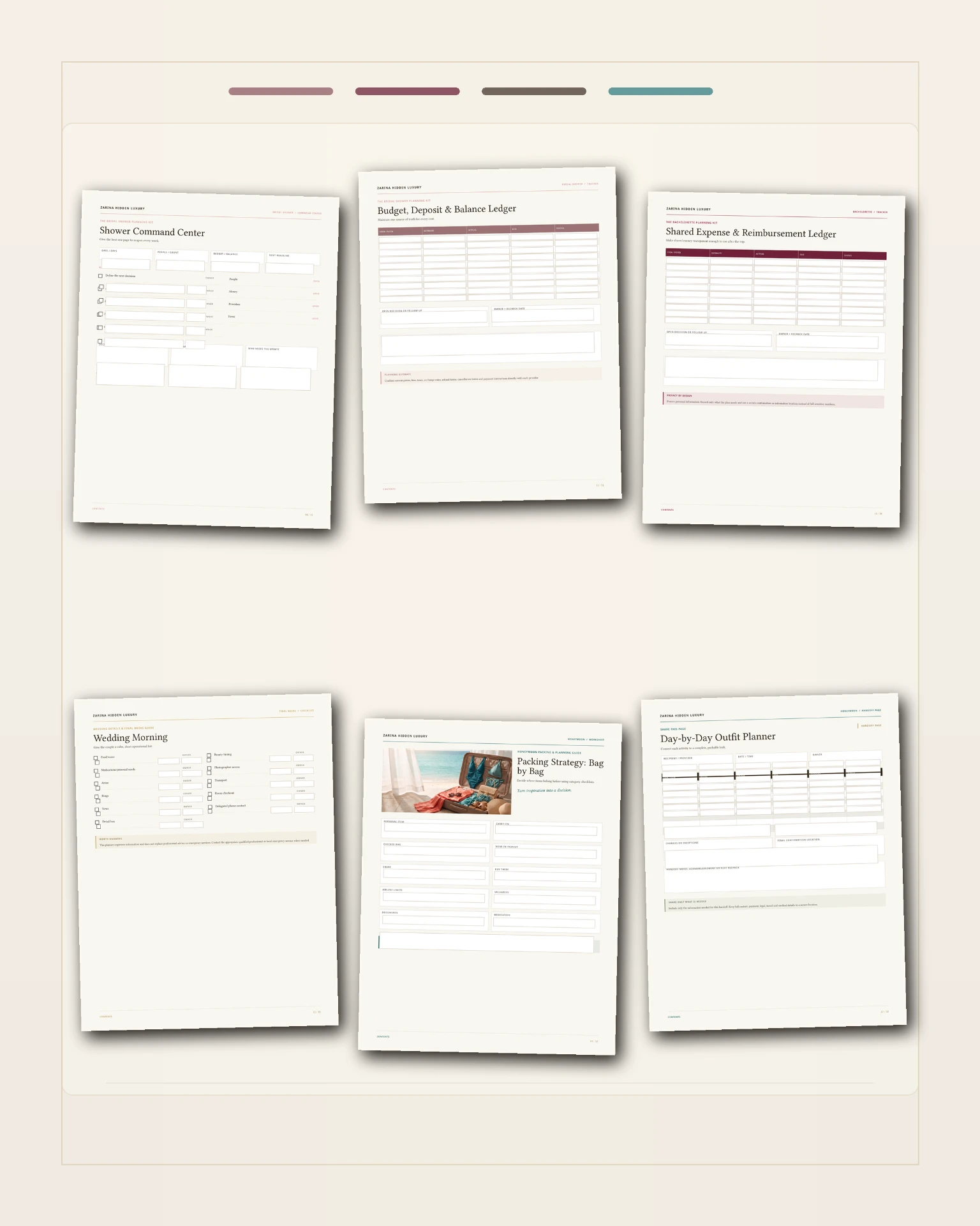 Interior pages from the four Complete Bride Bundle planning systems