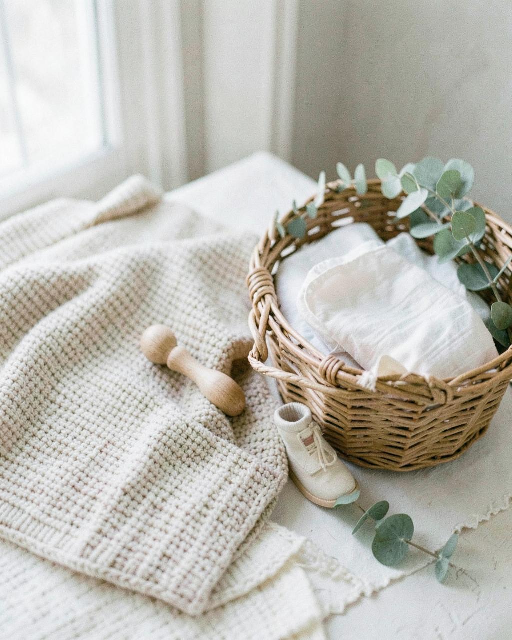 Baby shower gift styling in soft neutral tones