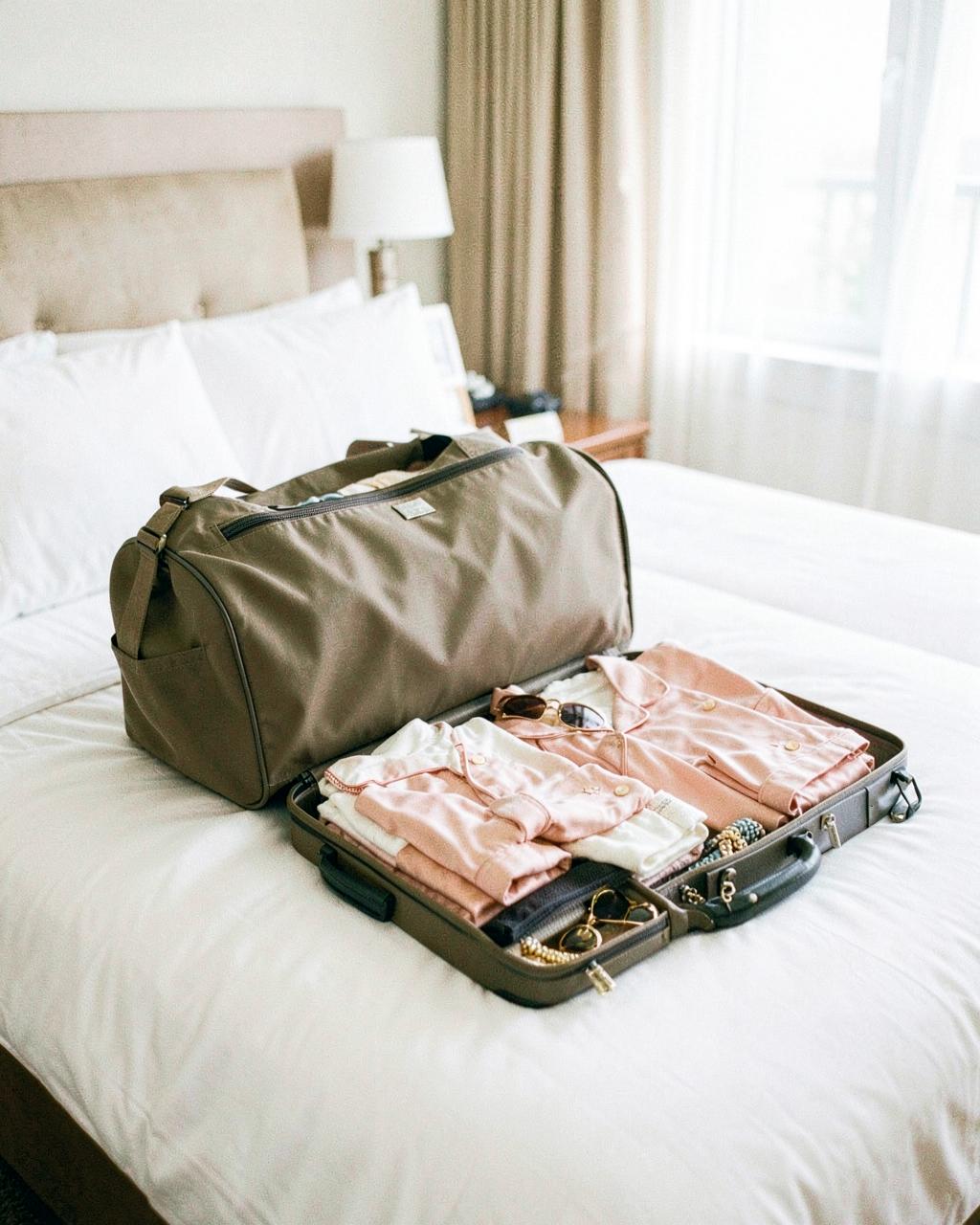 Bachelorette weekend packing laid out on a bed