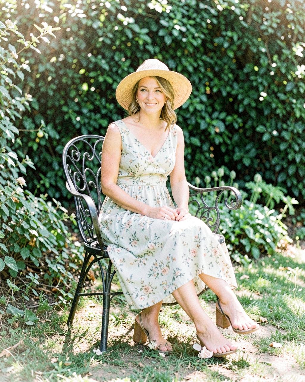 Garden wedding guest dressing in soft daylight tones