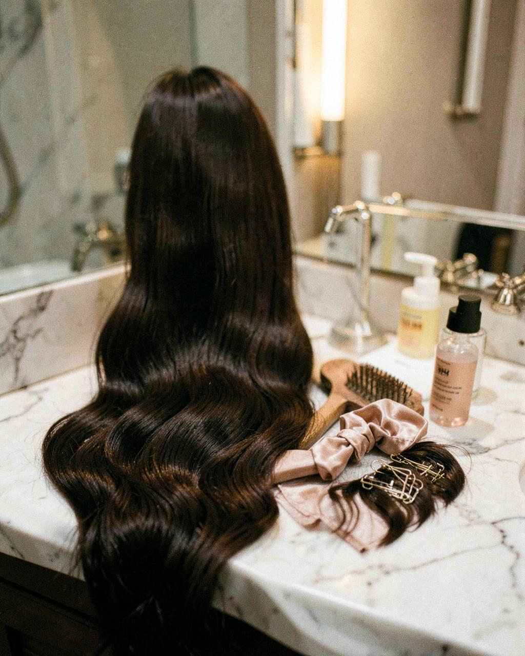 Hair extension lengths and textures laid out in soft light