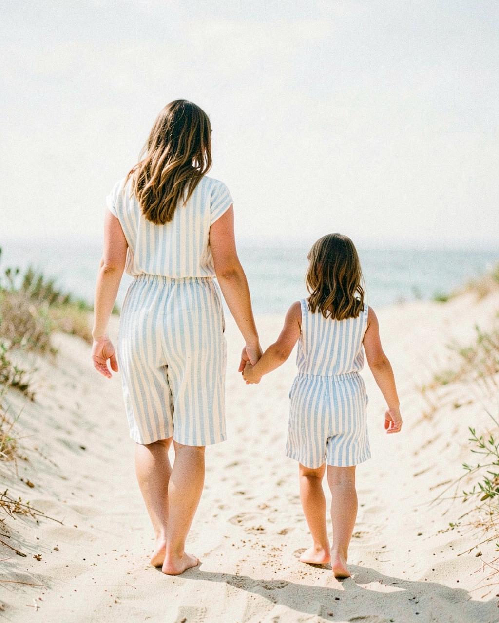 Mother and child coordinated resort outfits in soft daylight