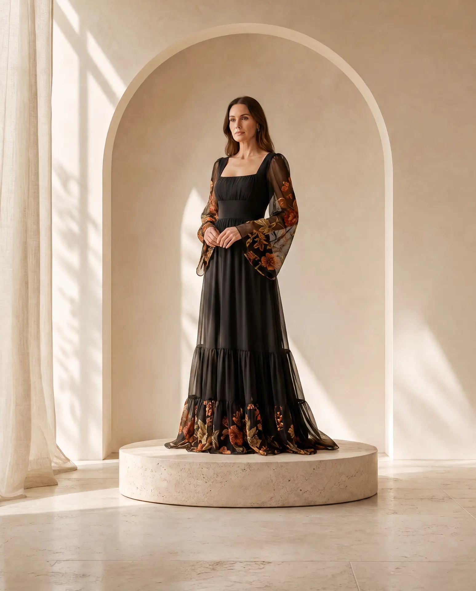 Editorial inspiration for a black floral wedding guest look