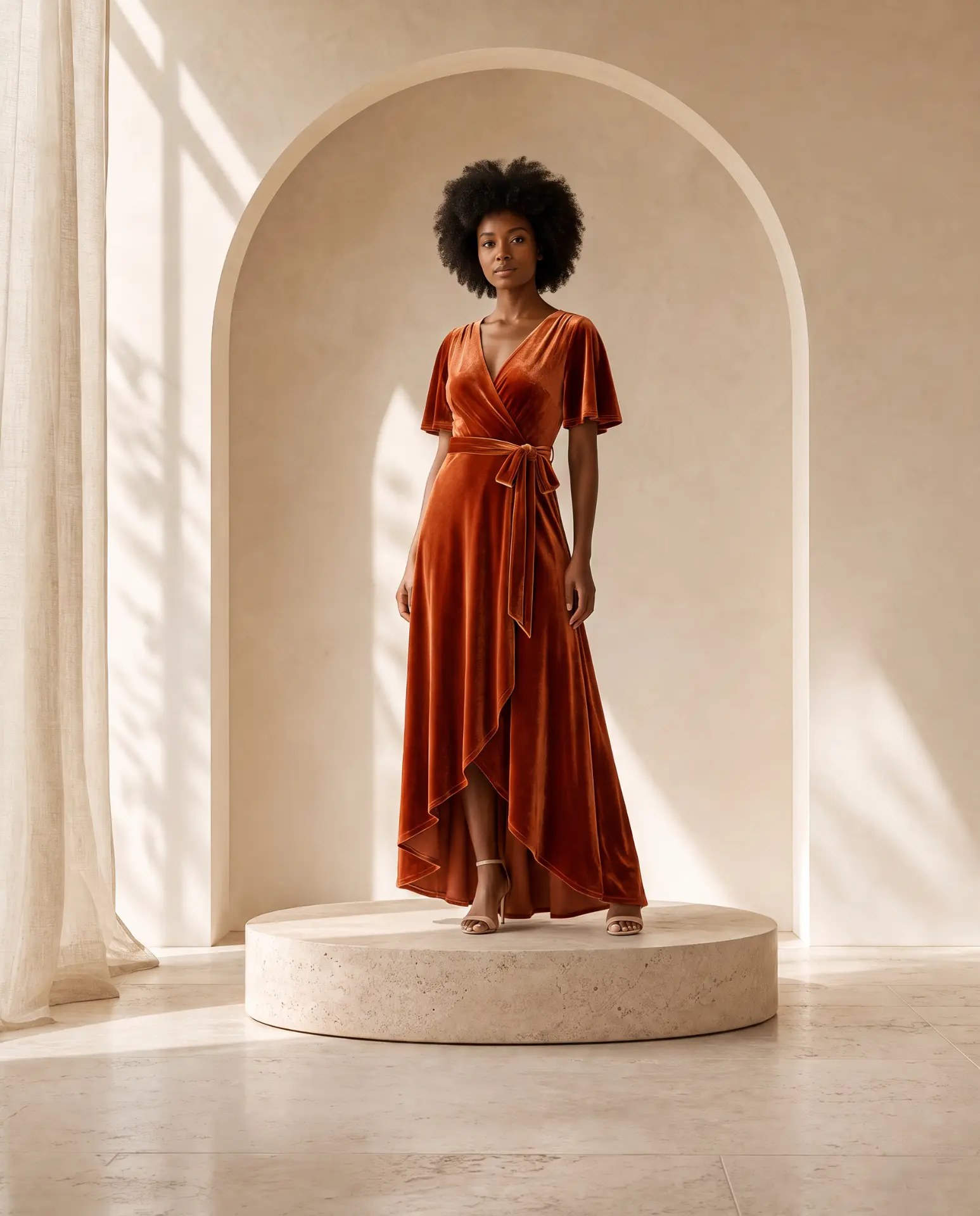Editorial inspiration for a burnt-orange velvet wedding guest look