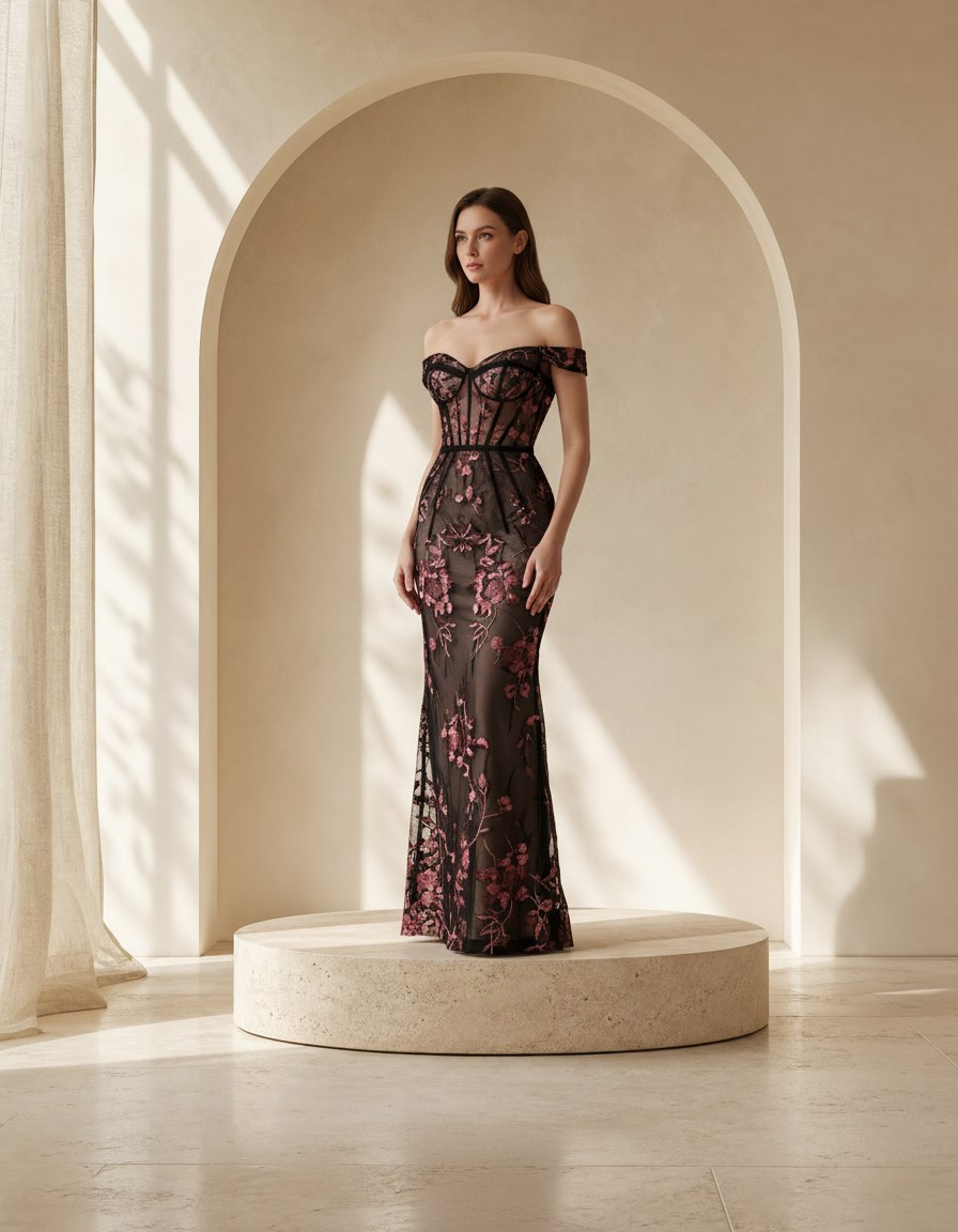 Editorial inspiration for an off-shoulder jewel-tone wedding guest look