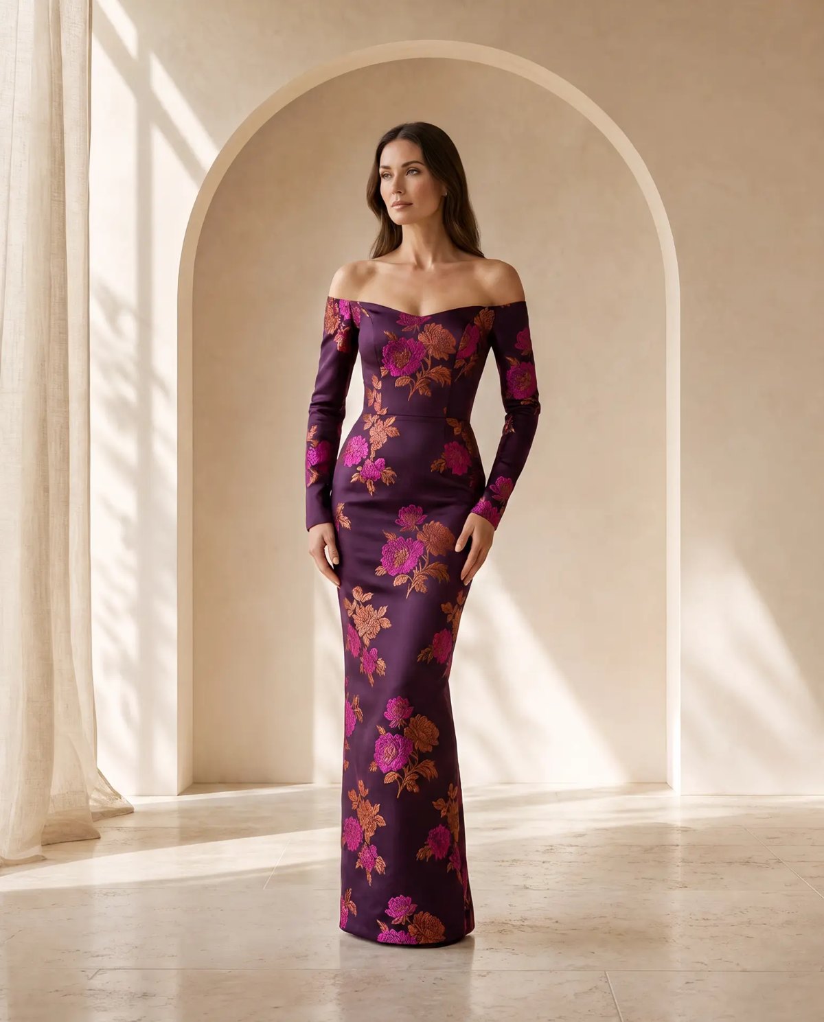 Editorial inspiration for an off-shoulder floral garden wedding look