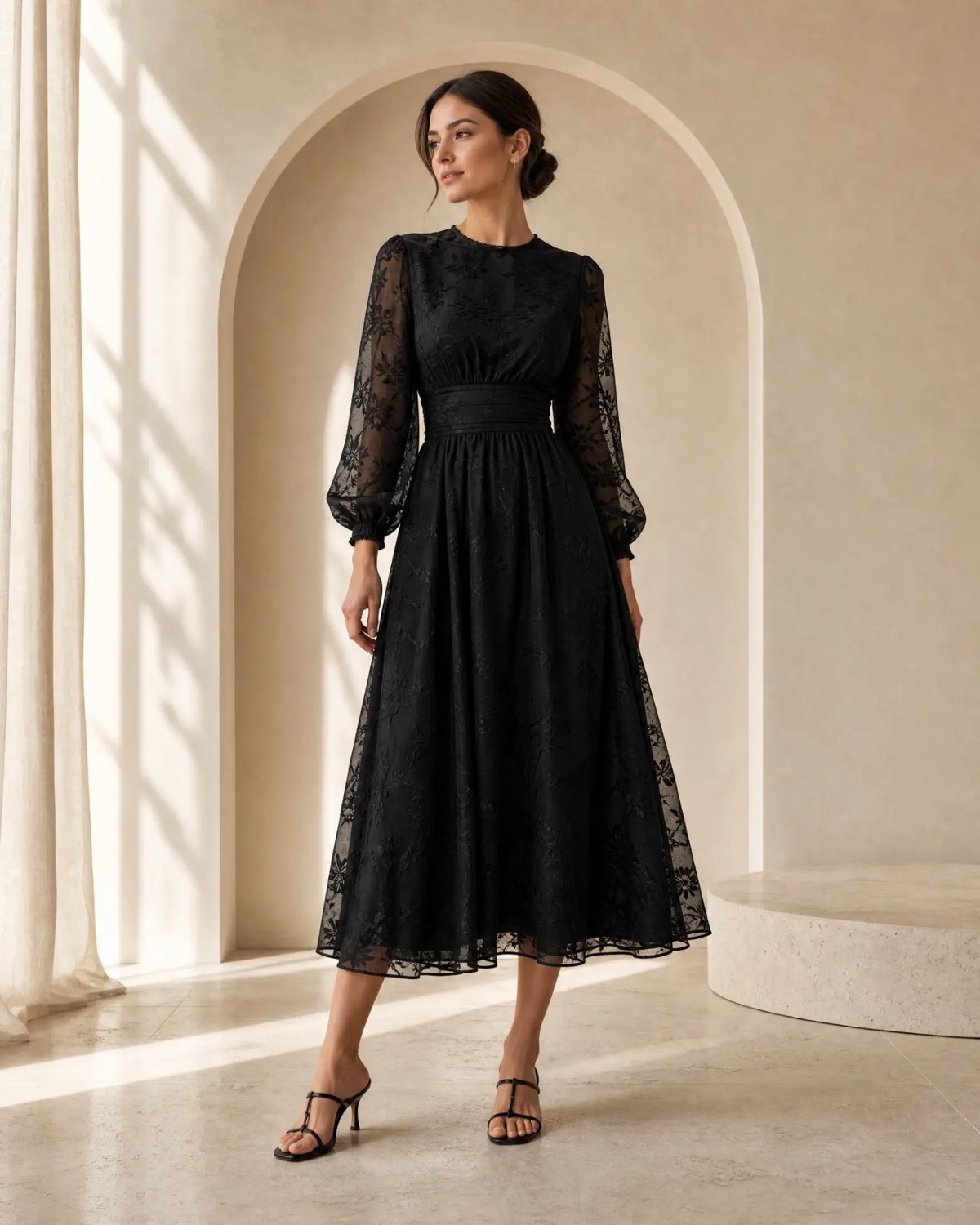 Editorial inspiration for a long-sleeve floral garden wedding look