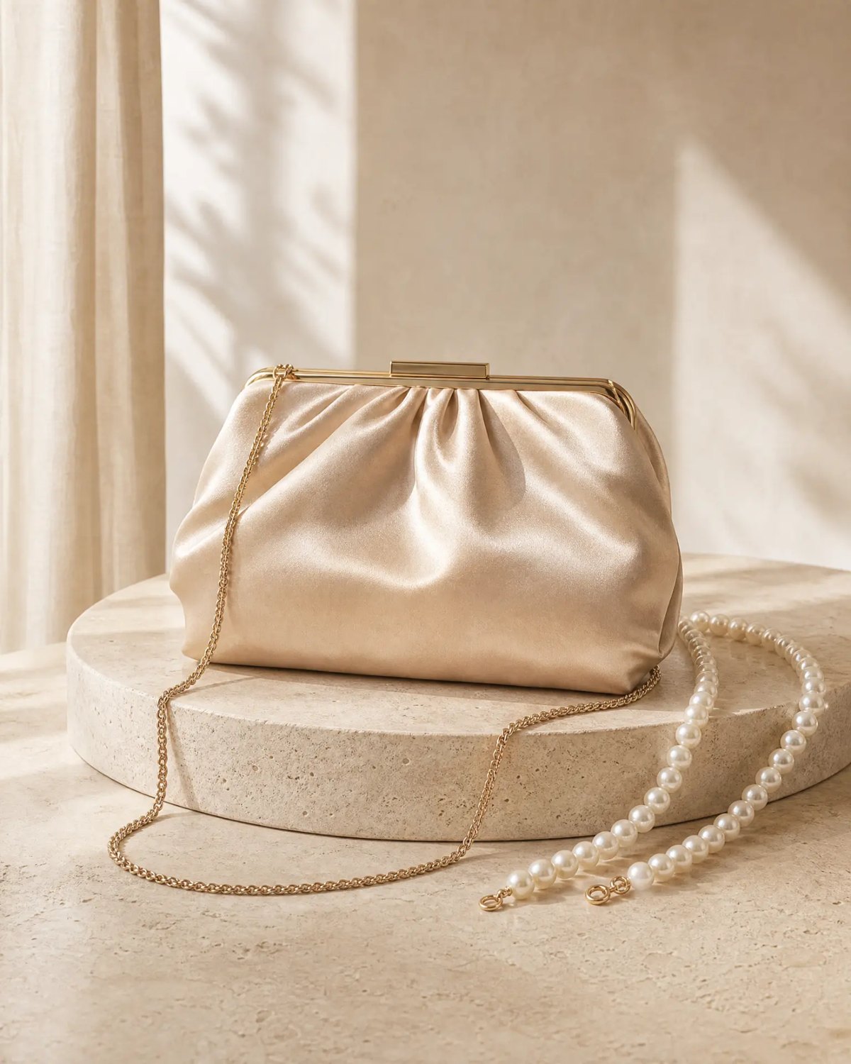 Editorial inspiration for a champagne satin evening clutch