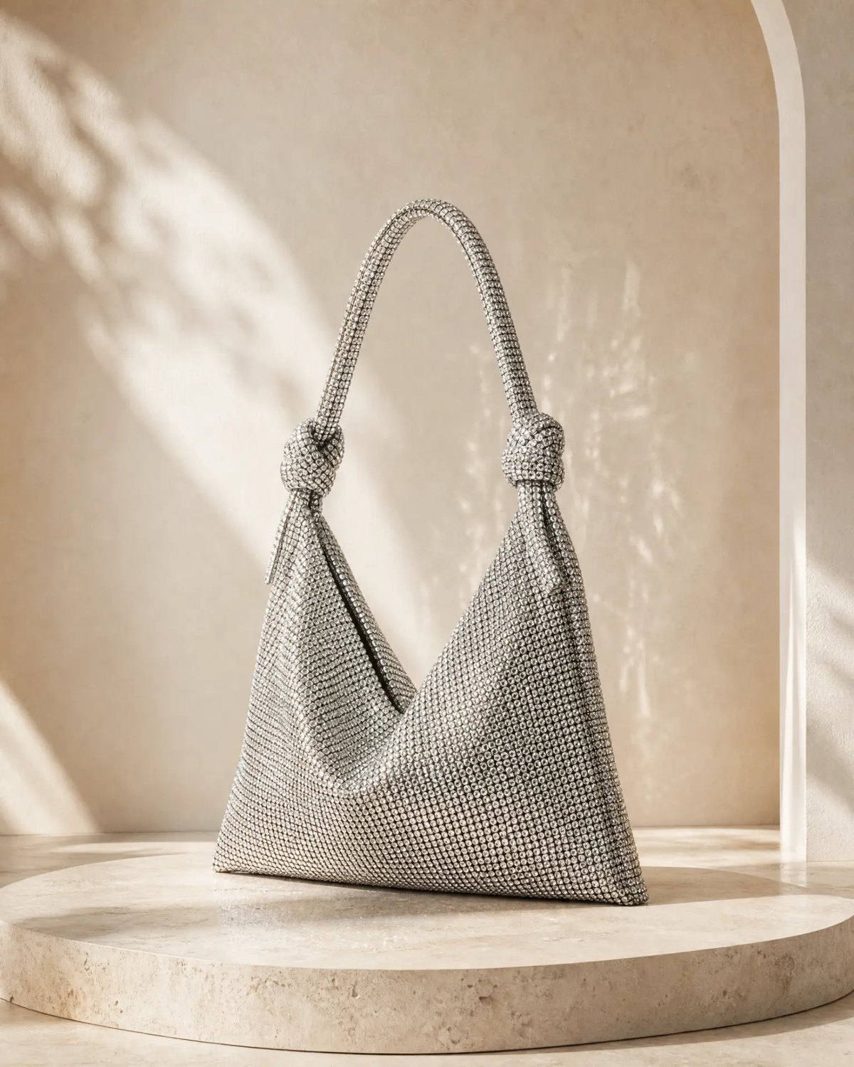 Editorial inspiration for a champagne rhinestone evening handbag
