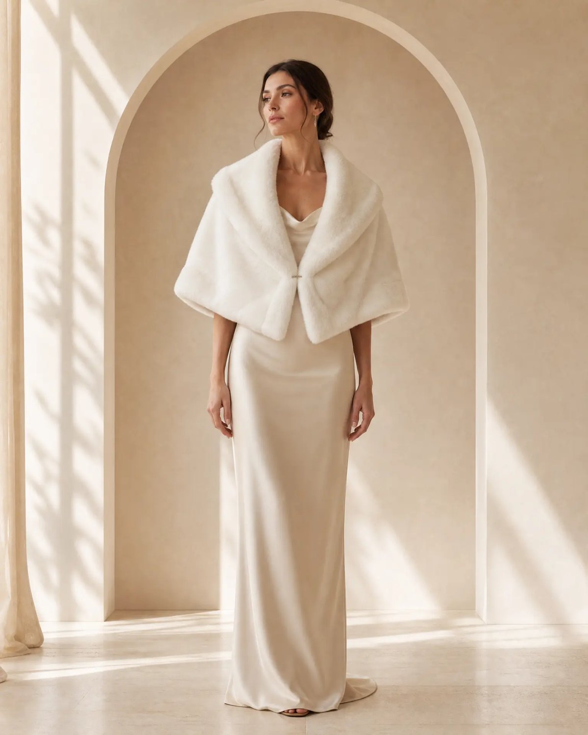 Editorial inspiration for an ivory faux-fur bridal shawl