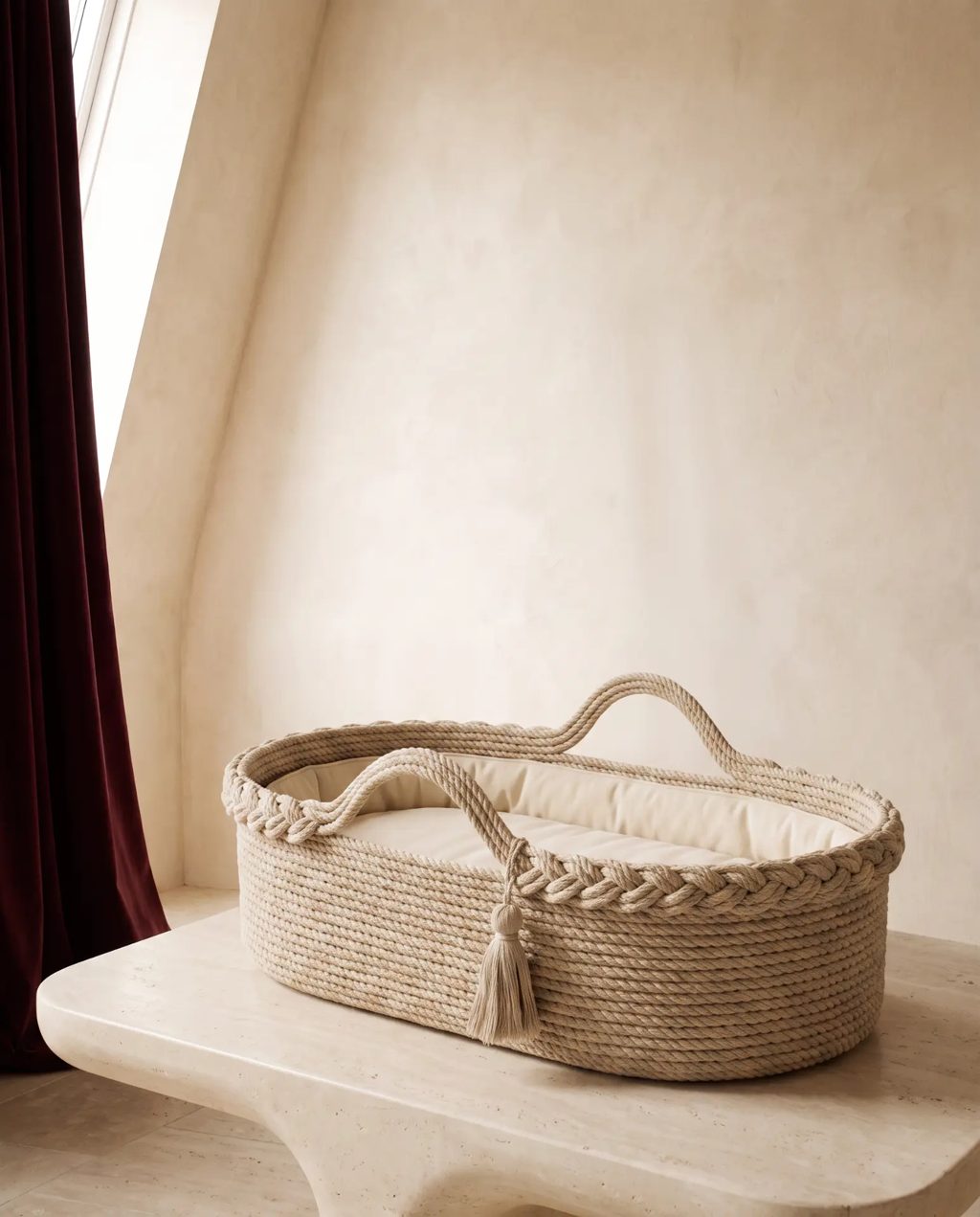 Editorial inspiration: a woven rope Moses-style changing basket with cream liner