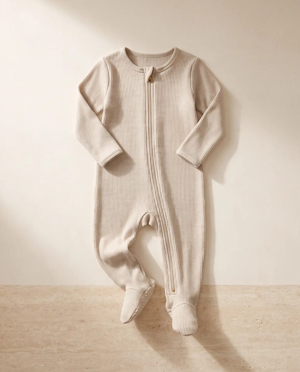 Editorial inspiration: cream ribbed footed baby pajamas with zip front