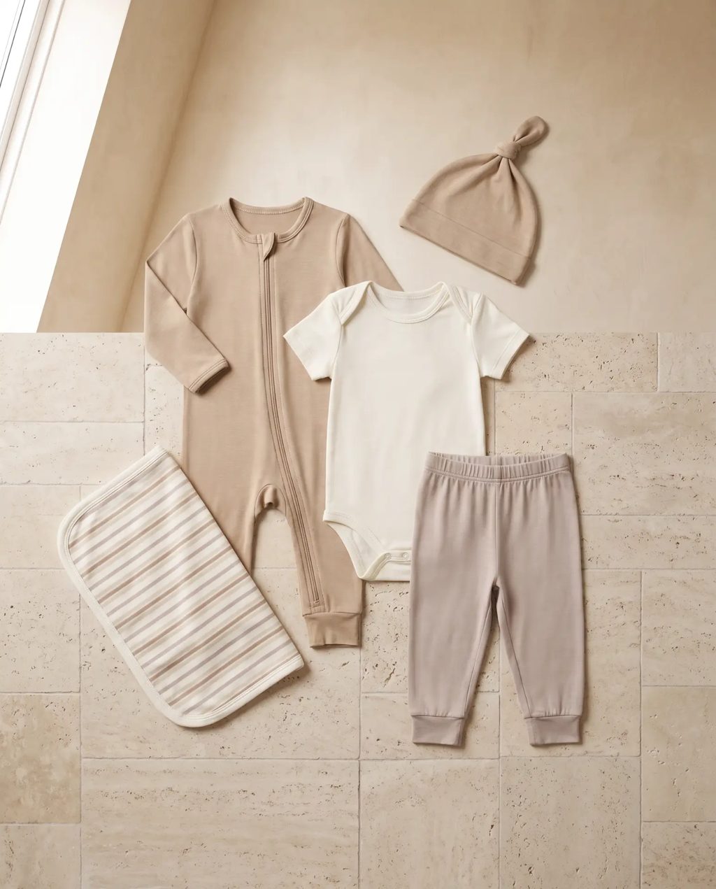 Editorial inspiration: a neutral baby essentials set with sleepsuit, bodysuit, pants, hat and burp cloth