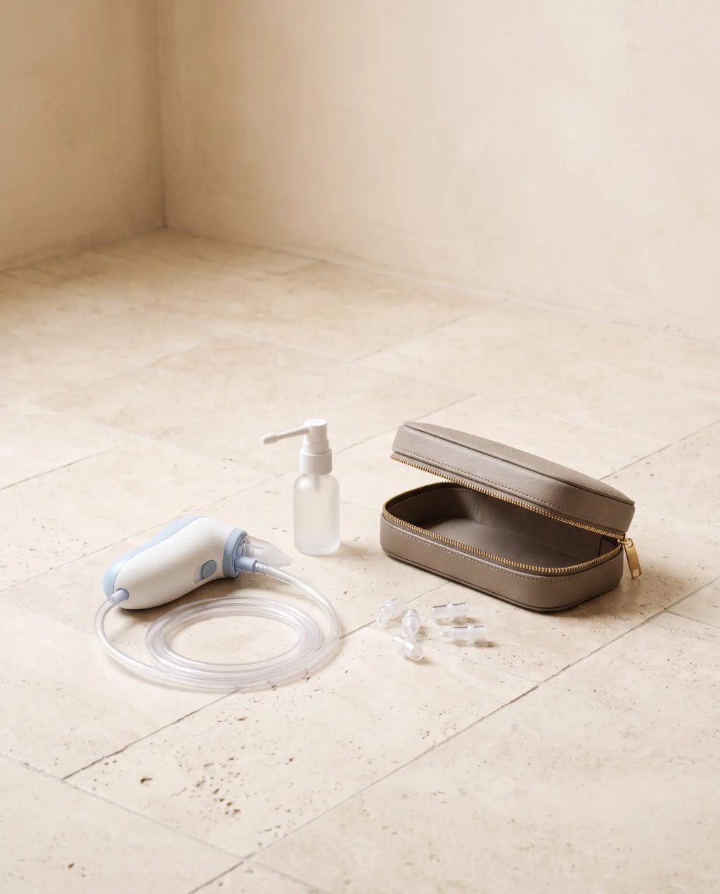 Editorial inspiration: a baby nasal aspirator kit with spray bottle and travel case
