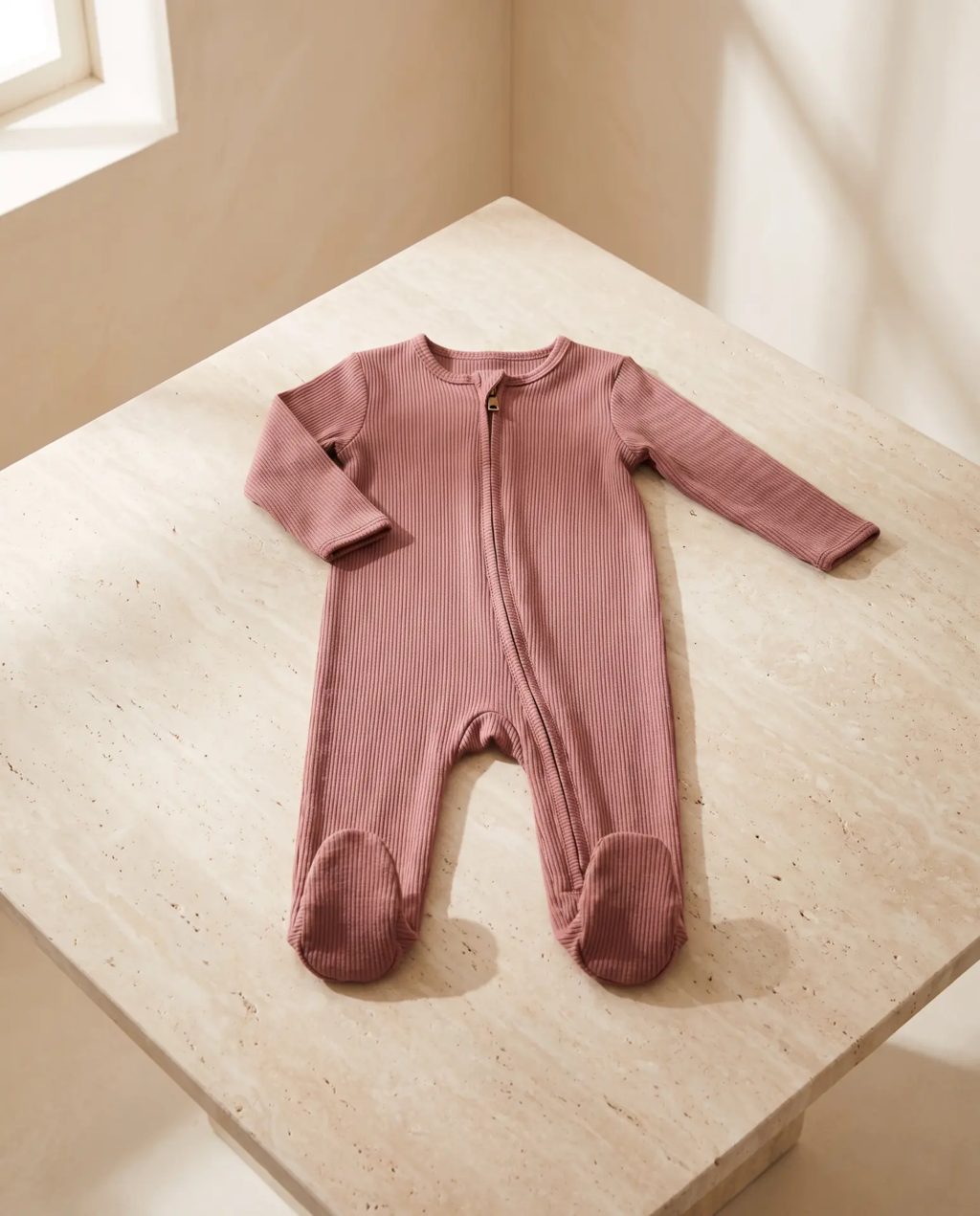 Editorial inspiration: rose ribbed footed baby pajamas with zip front