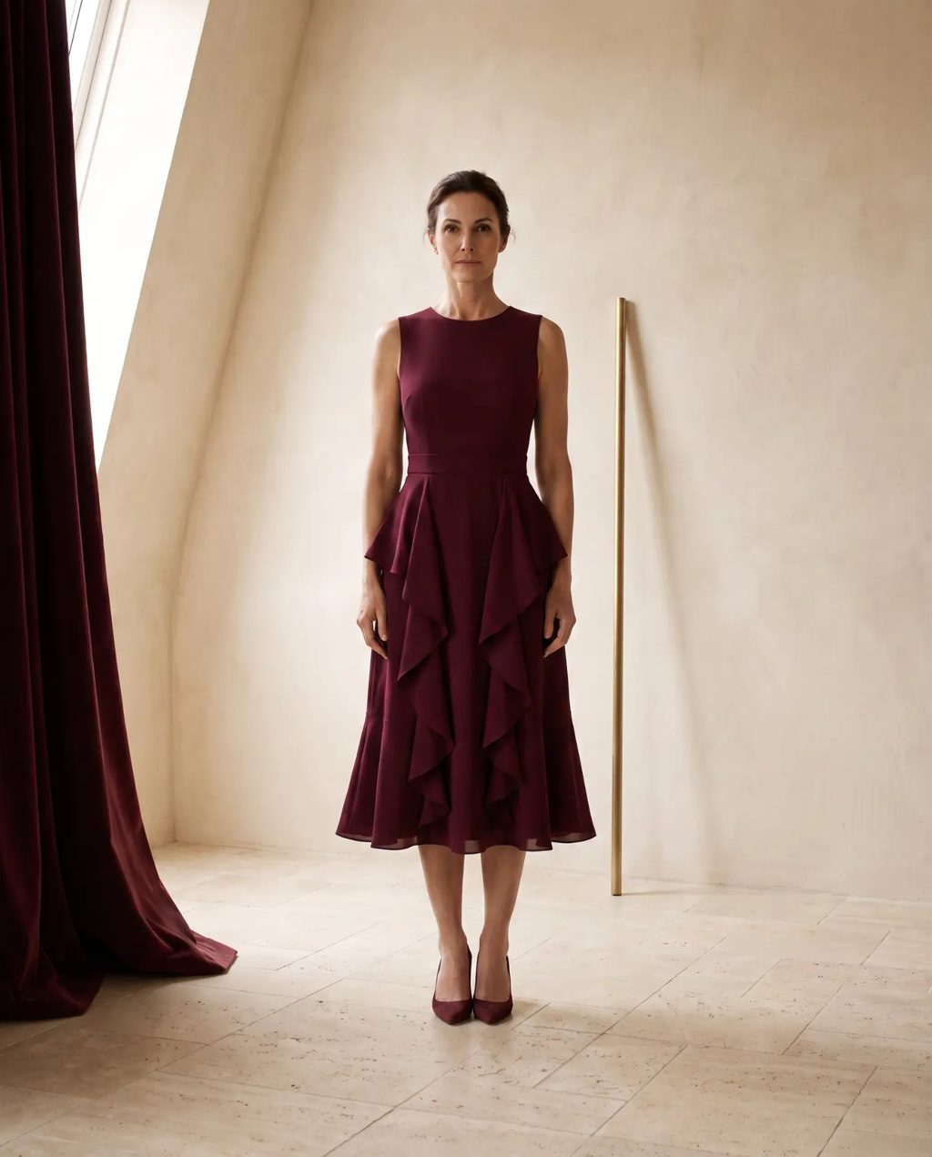 Editorial inspiration: a wine-red sleeveless ruffle midi dress