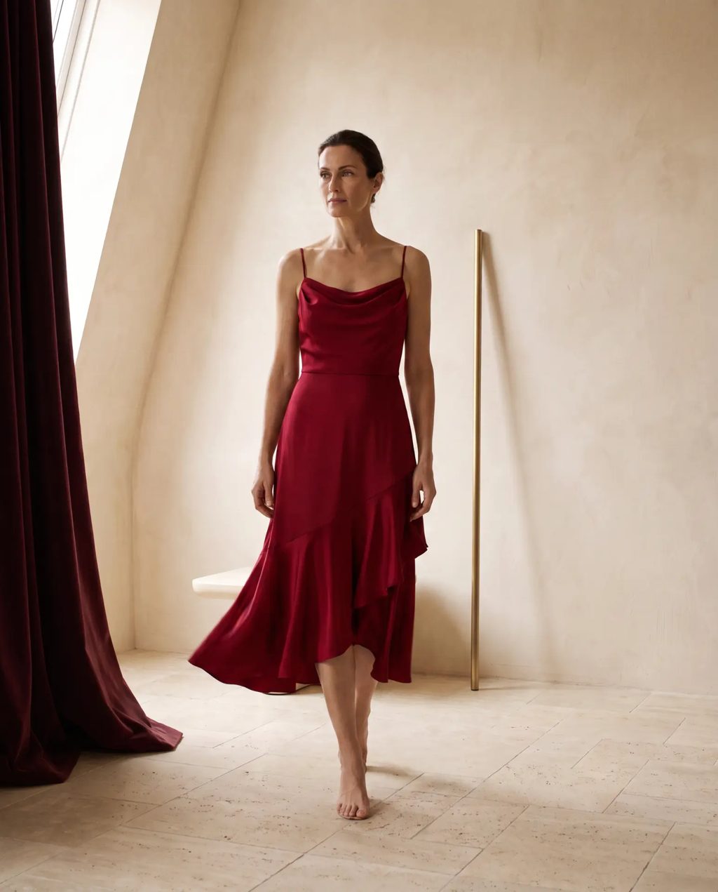 Editorial inspiration: a deep red satin strappy ruffle midi dress