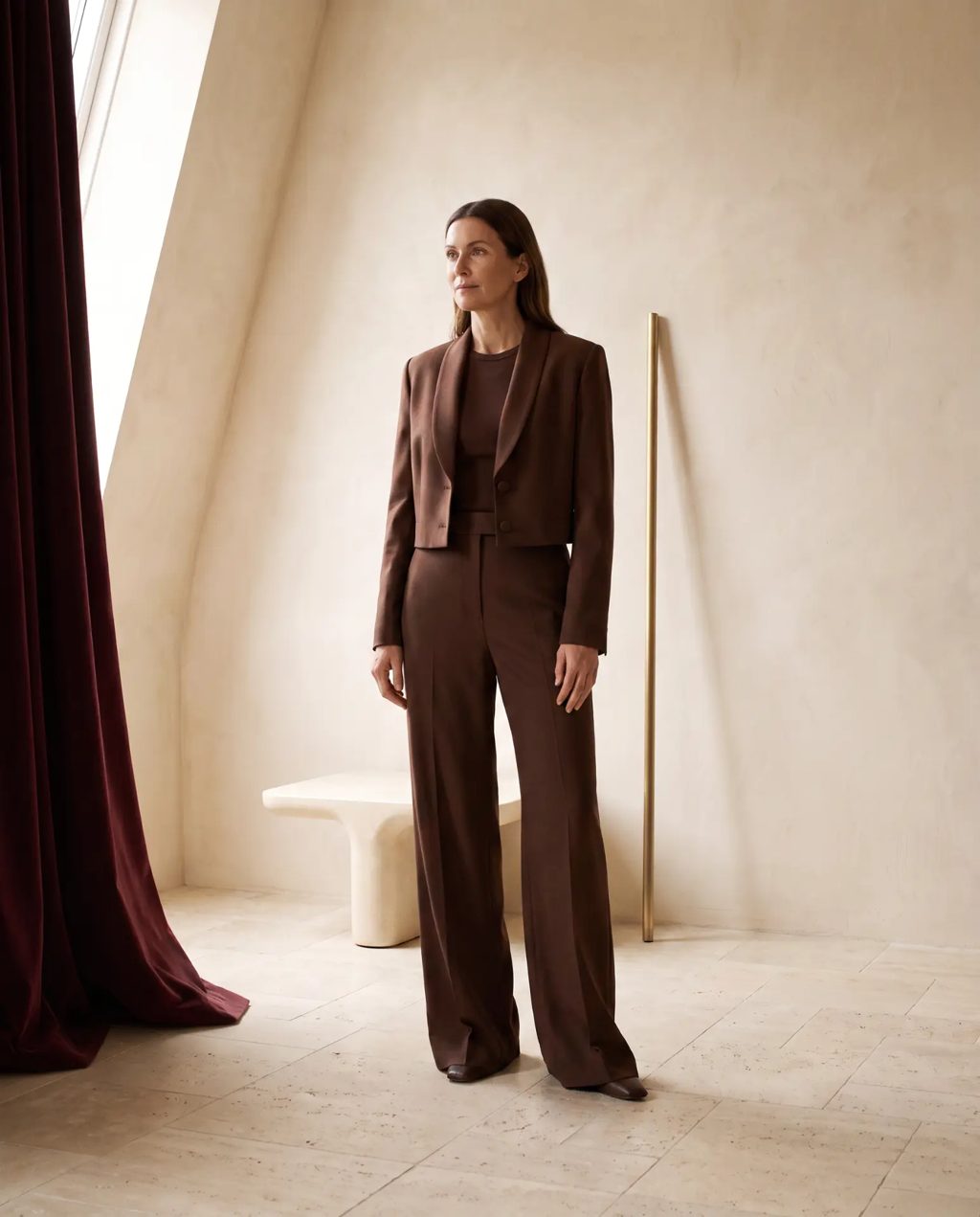 Editorial inspiration: a chocolate cropped jacket and wide-leg trouser set