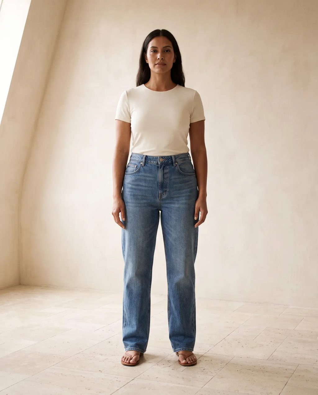 Editorial inspiration: mid blue high-waisted straight boyfriend jeans