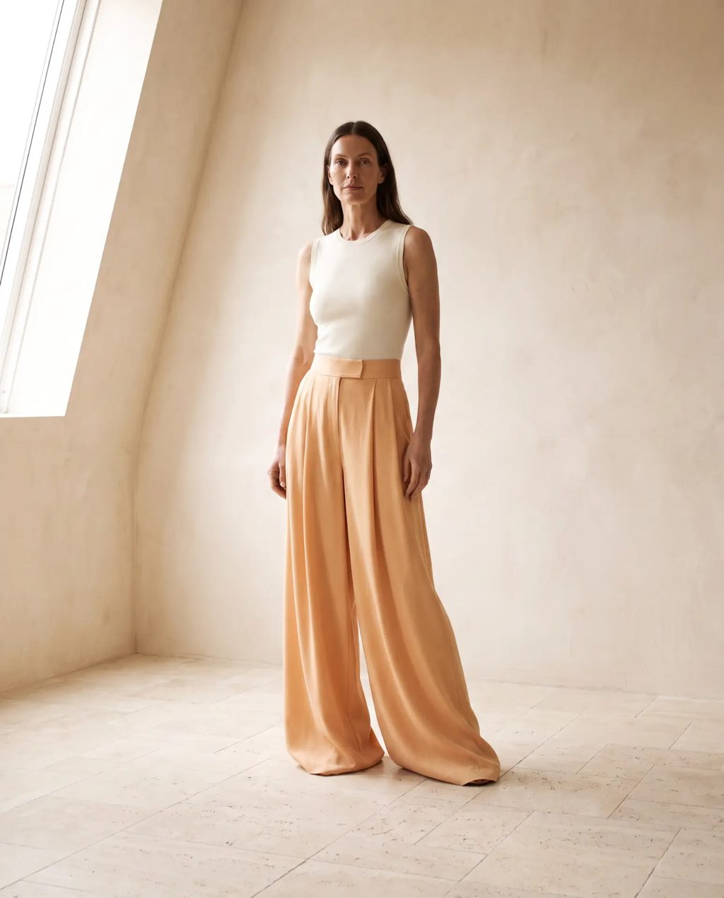 Editorial inspiration: apricot high-waisted palazzo wide-leg trousers