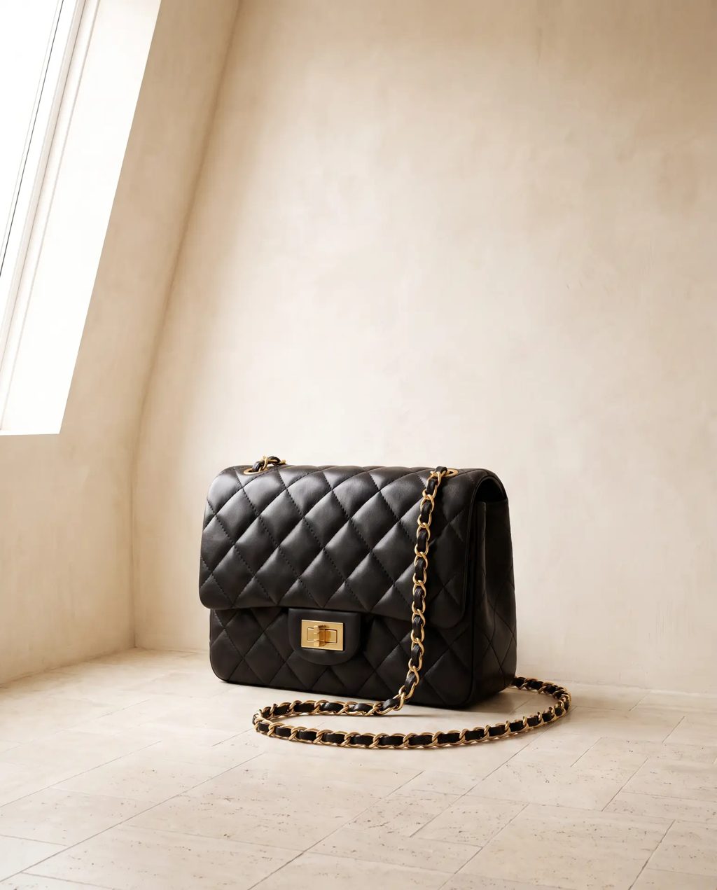 Editorial inspiration: a black quilted flap bag with gold chain strap