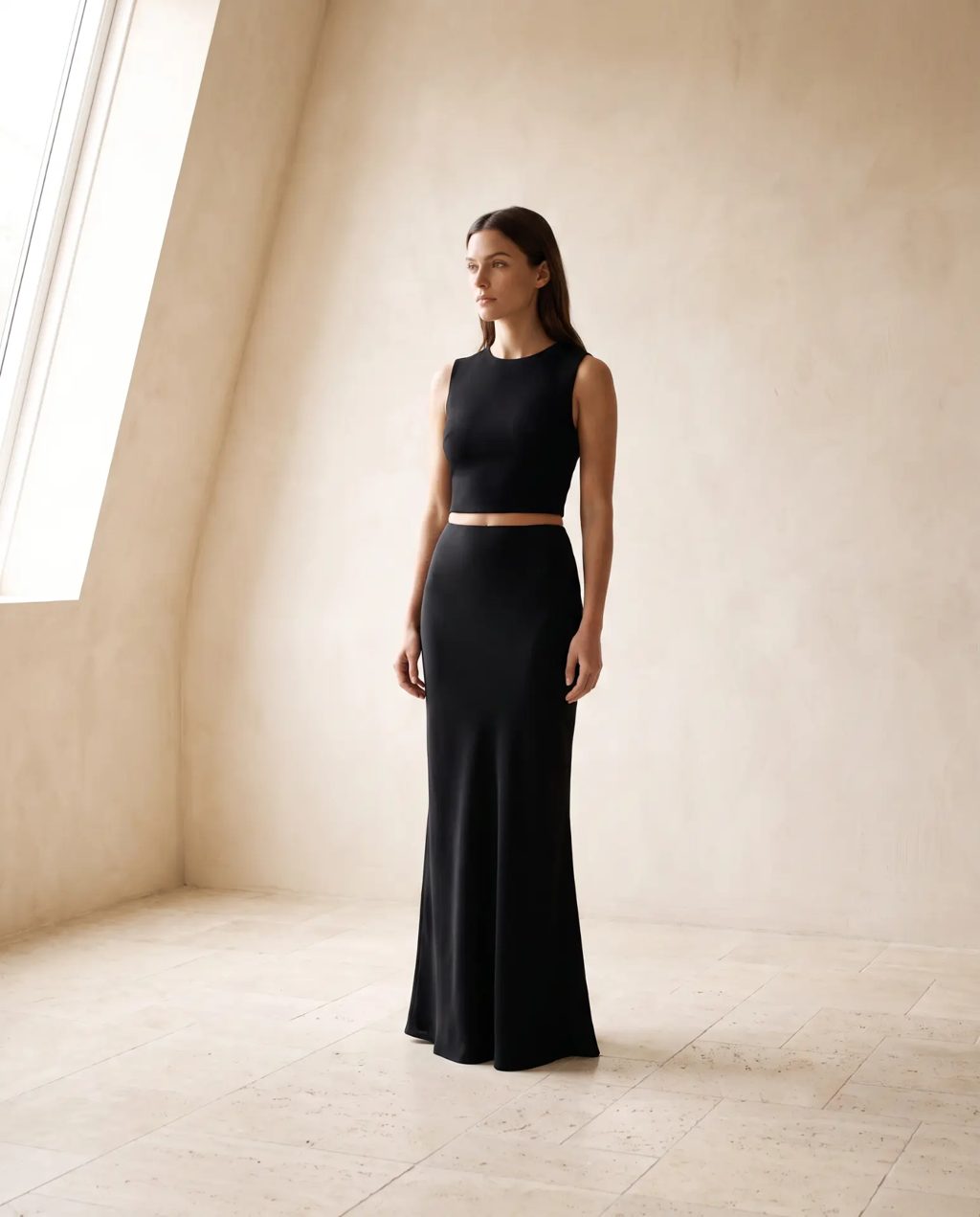 Editorial inspiration: a black sleeveless crop top with a long bias-cut skirt