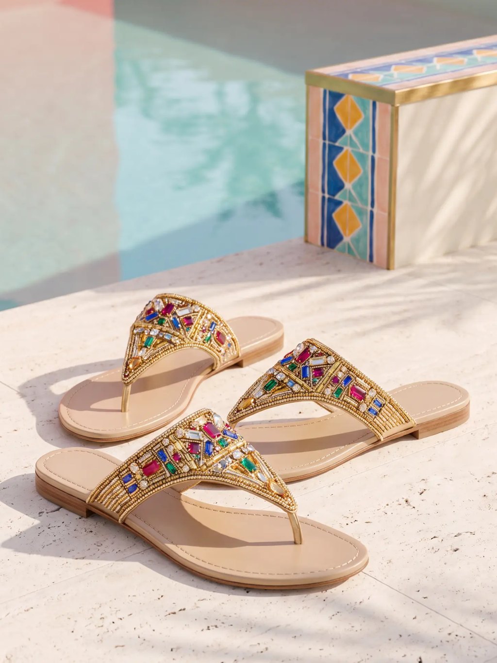 Editorial inspiration for jeweled beaded thong sandals