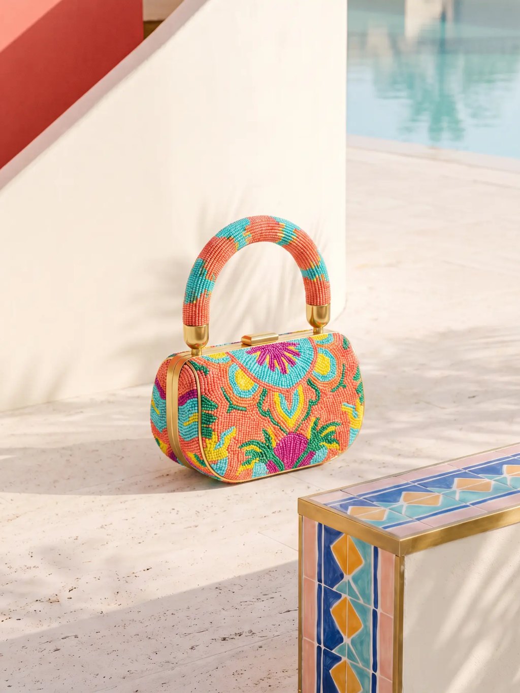 Editorial inspiration for a beaded floral top-handle bag