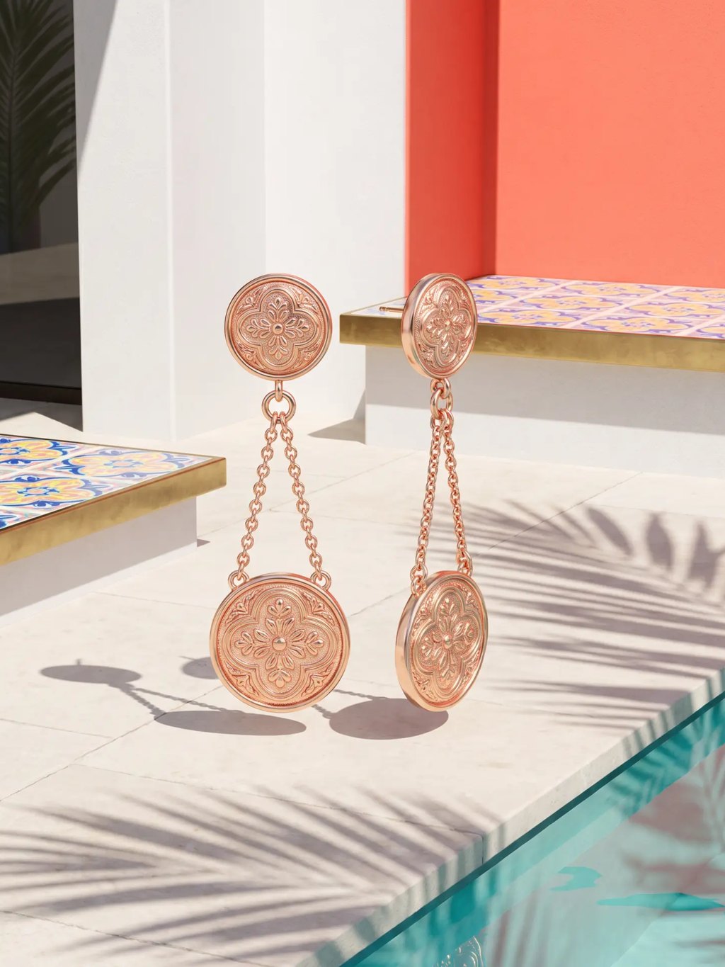 Editorial inspiration for rose gold medallion drop earrings
