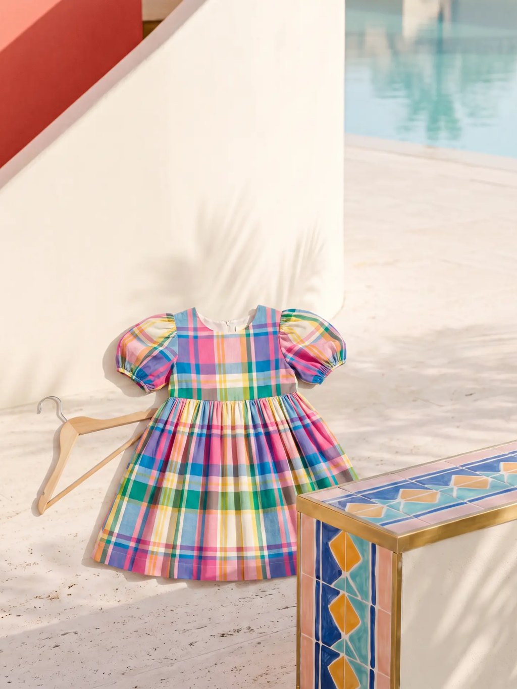 Editorial inspiration for a rainbow plaid puff-sleeve kids dress
