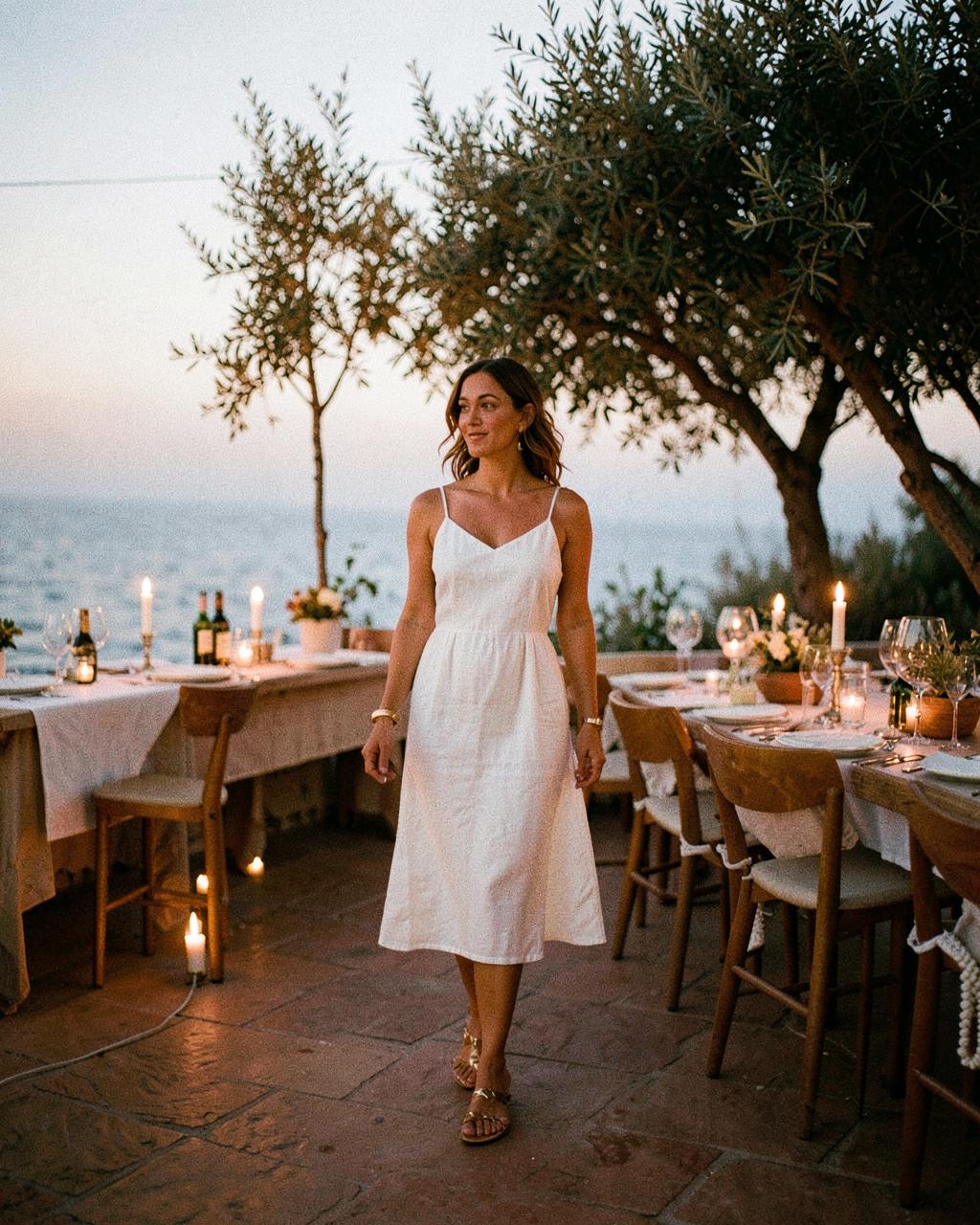 Vacation dinner outfit styling in warm evening light
